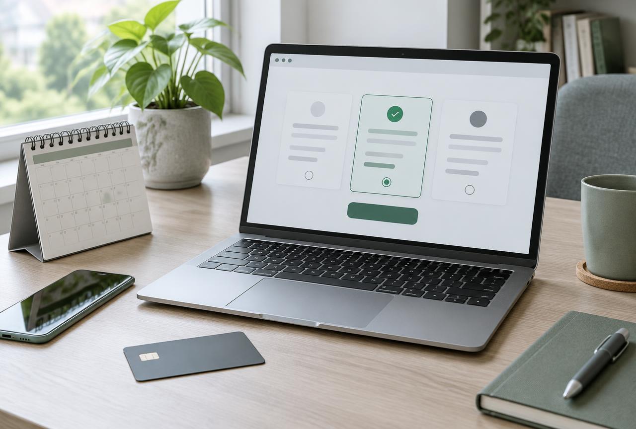 Laptop beside a desk calendar, smartphone and face-down payment card on a sunlit desk