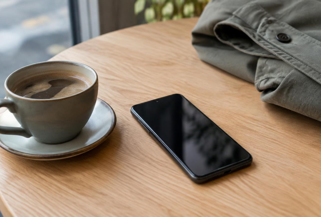 Illustrative photograph. Public cafe Wi-Fi is the most common reason Android users install a VPN. Unbranded Android smartphone on a wooden cafe table beside a cup of coffee