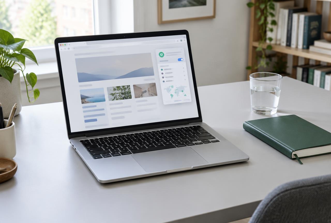 Silver laptop showing an illustrative browser window on a daylight desk beside a green notebook