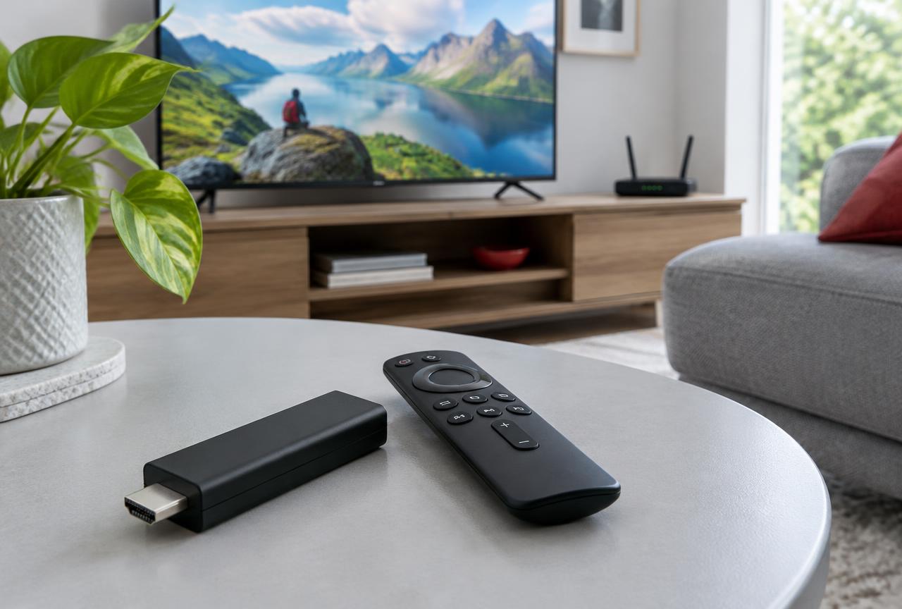 Illustrative photograph. Check the operating system and app listing on your own streaming stick before paying for a VPN. Black HDMI streaming stick and remote on a light table beside a television and Wi-Fi router