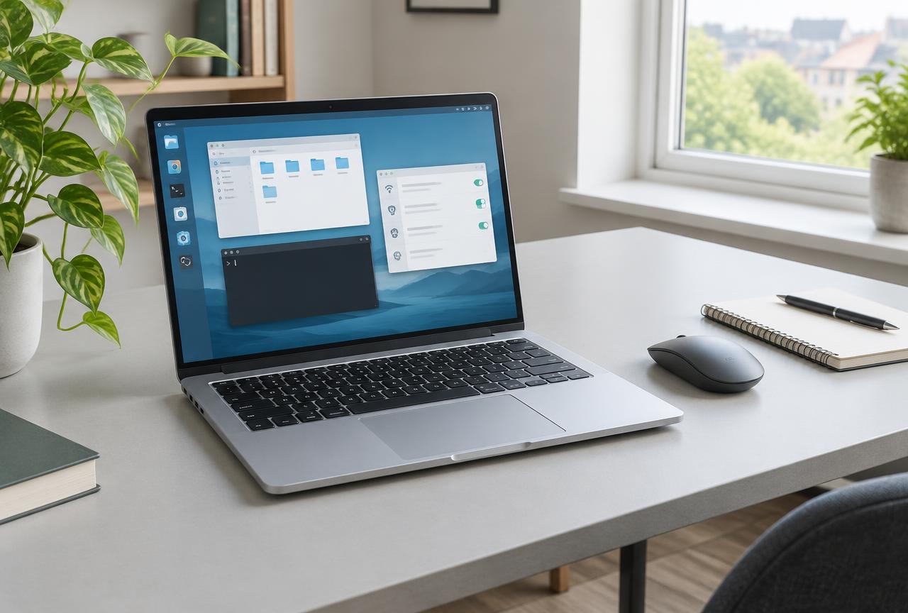 Illustrative photograph, not a provider app screenshot. Match the VPN client to your Linux distribution and hardware. Laptop showing a generic desktop and terminal window on a daylight home-office desk