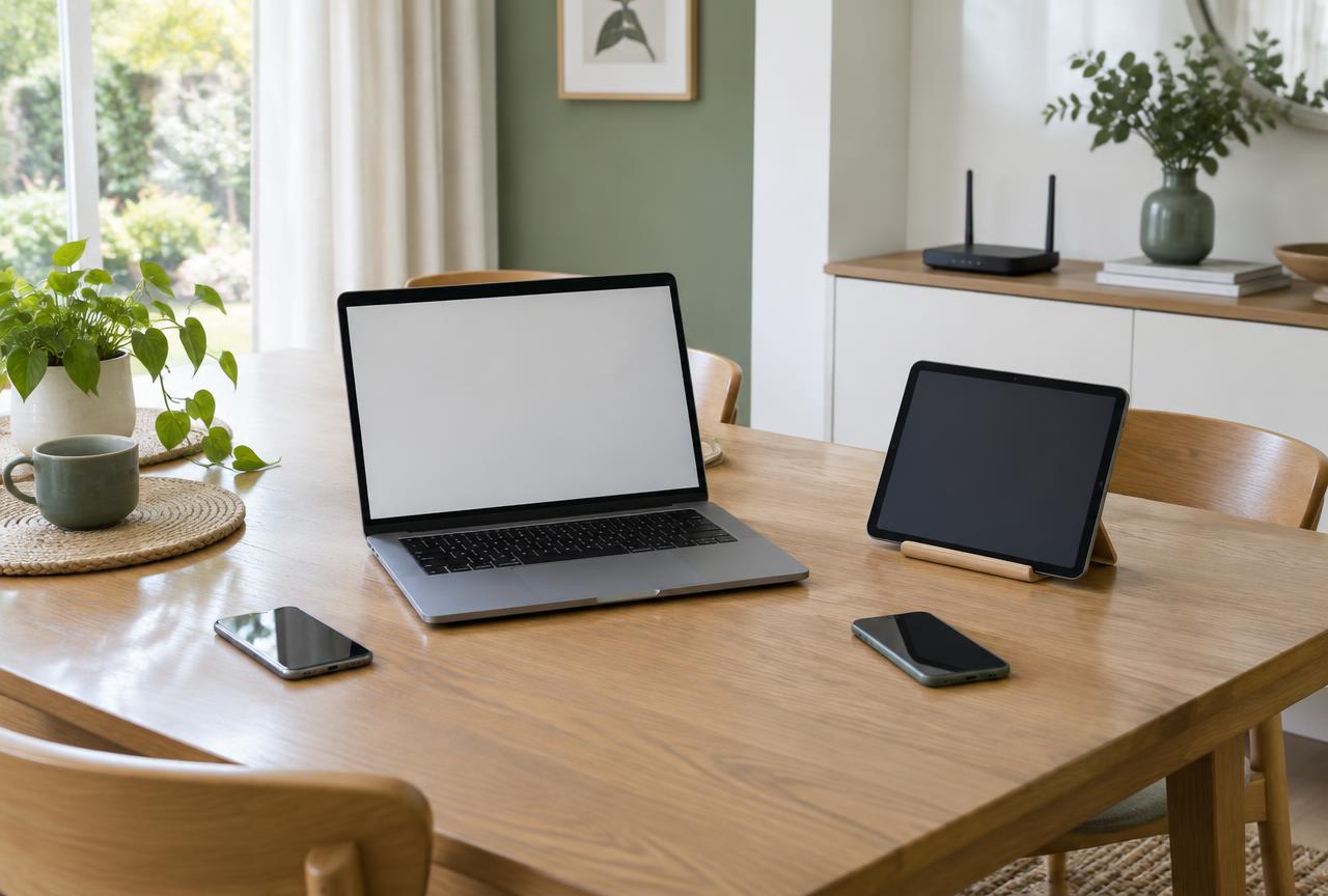 Laptop, tablet and two smartphones on a dining table with a Wi-Fi router in the background