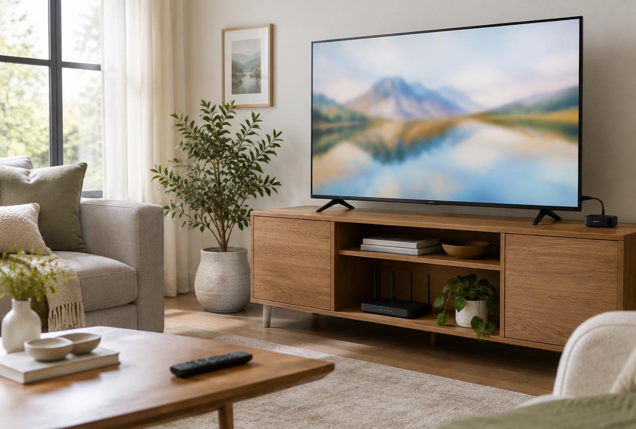 Living room with an unbranded flat-screen TV, streaming stick and Wi-Fi router on a wooden console