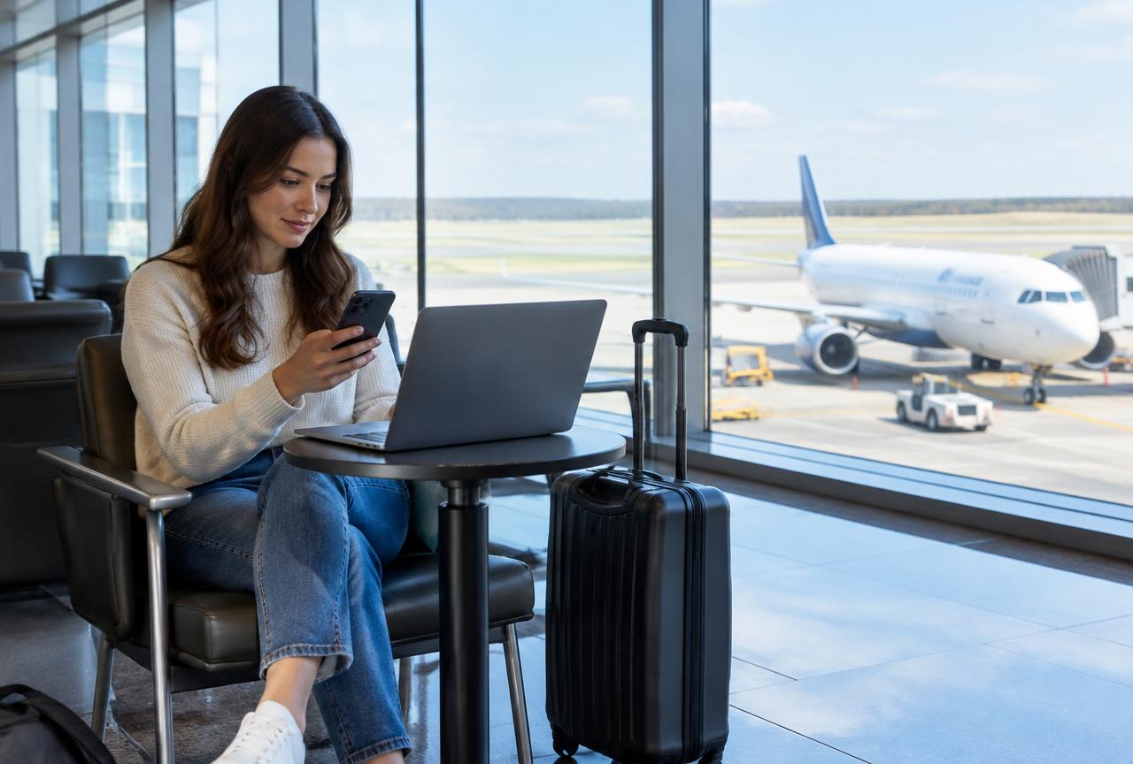 Traveler using a laptop and smartphone beside a carry-on suitcase in an airport departure lounge