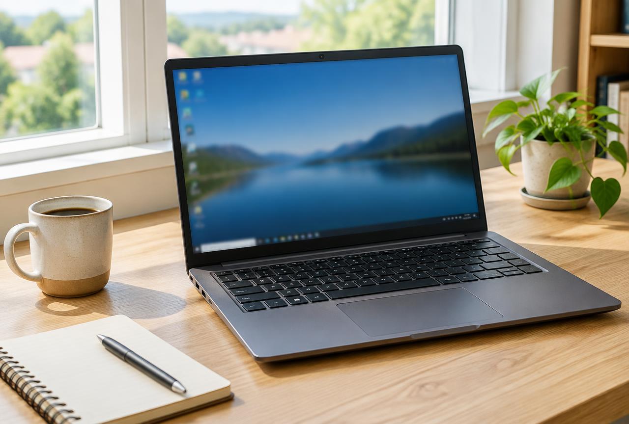 Unbranded Windows laptop on a wooden desk by a window in daylight