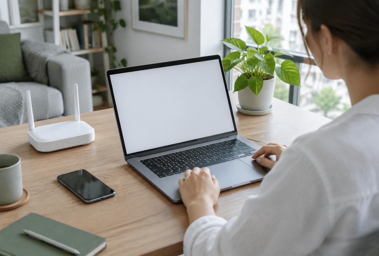 Person using a laptop beside a Wi-Fi router and smartphone in a daylight home office