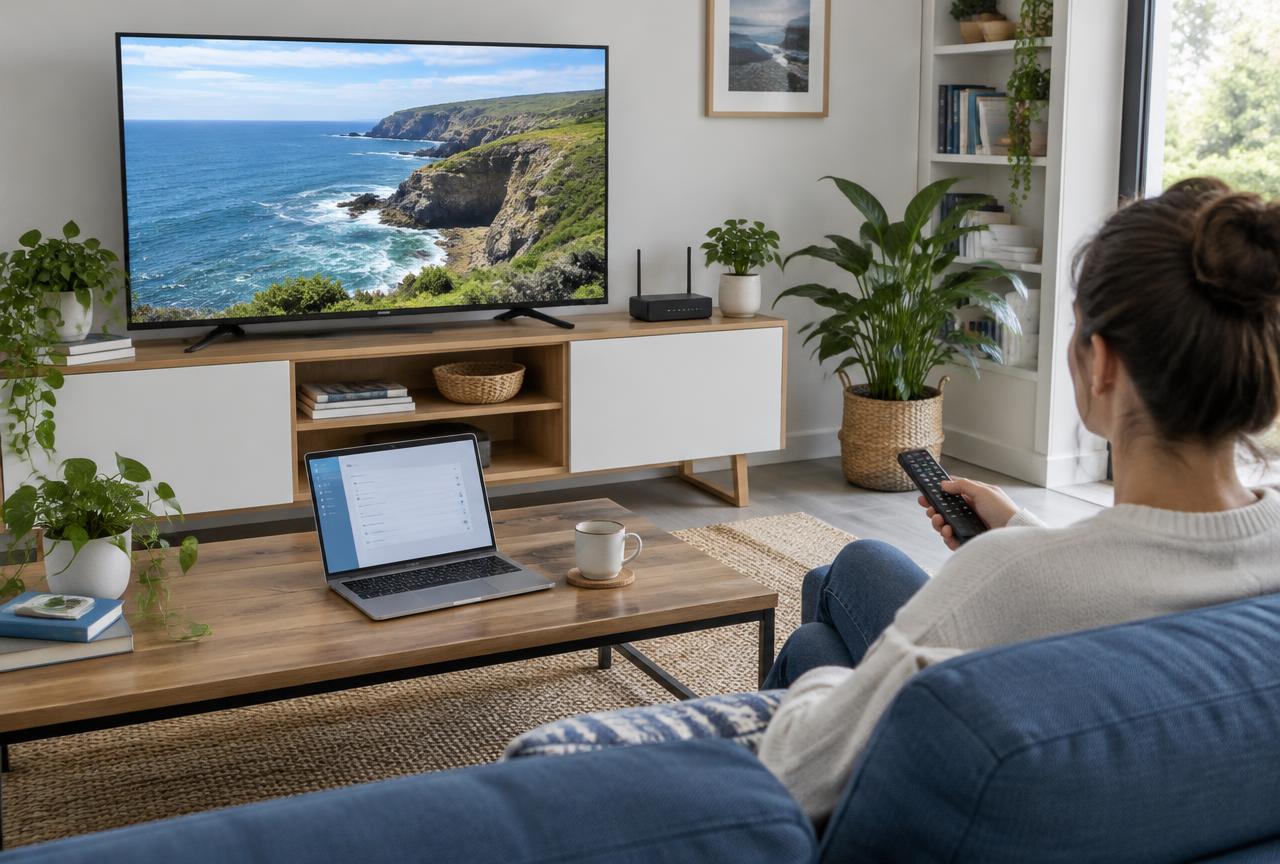 Viewer holding a remote beside a television, home router, and laptop in a daylight living room