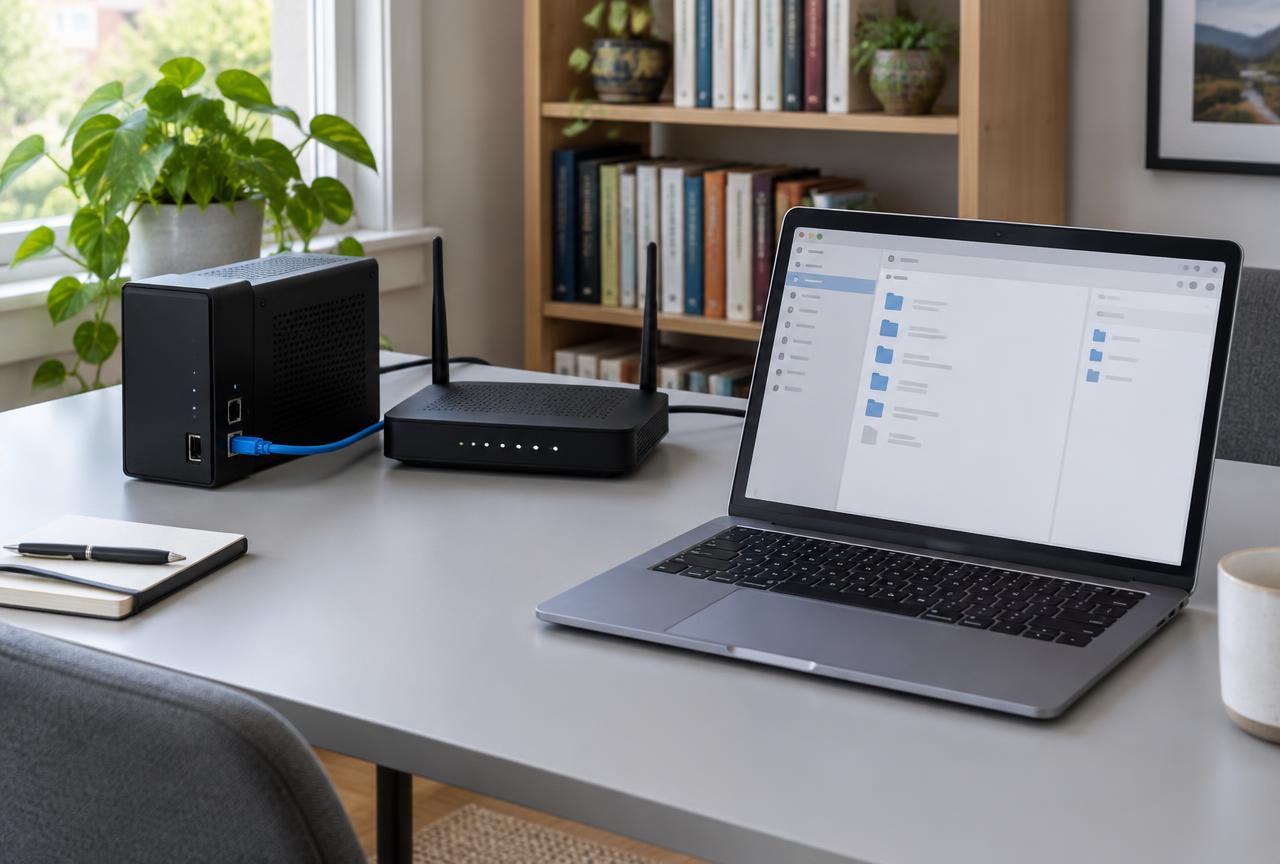 Inbound access needs an explicit forwarding rule on the VPN service, not merely a stable exit address. Small home server connected by Ethernet beside a Wi-Fi router and laptop on a daylight desk