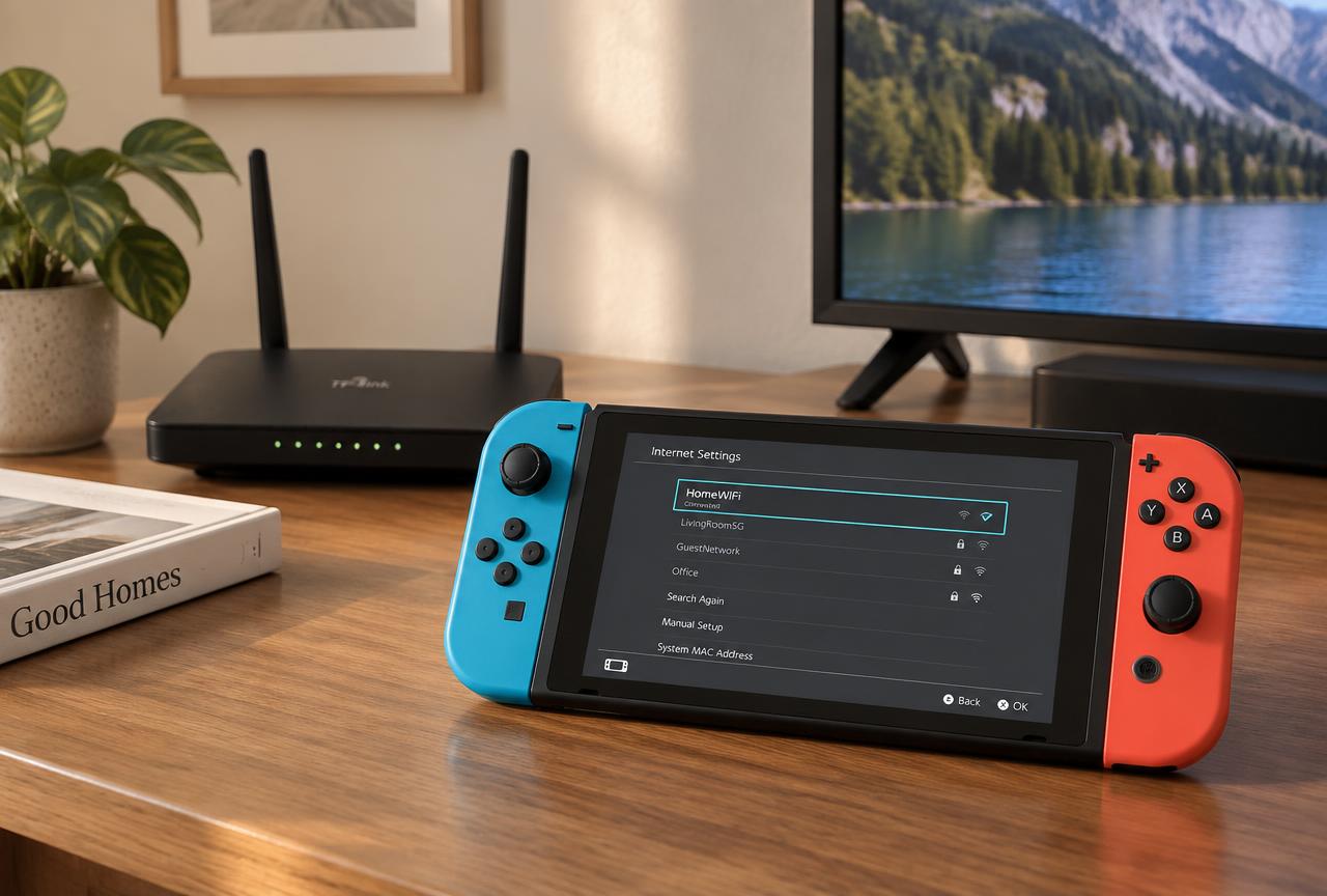 Nintendo Switch on a desk beside a Wi-Fi router, showing the internet settings screen