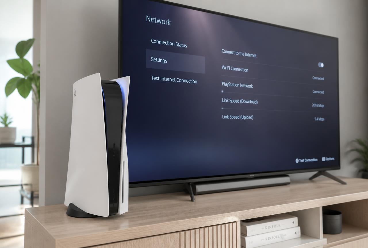 PlayStation 5 console beside a TV showing the network settings screen