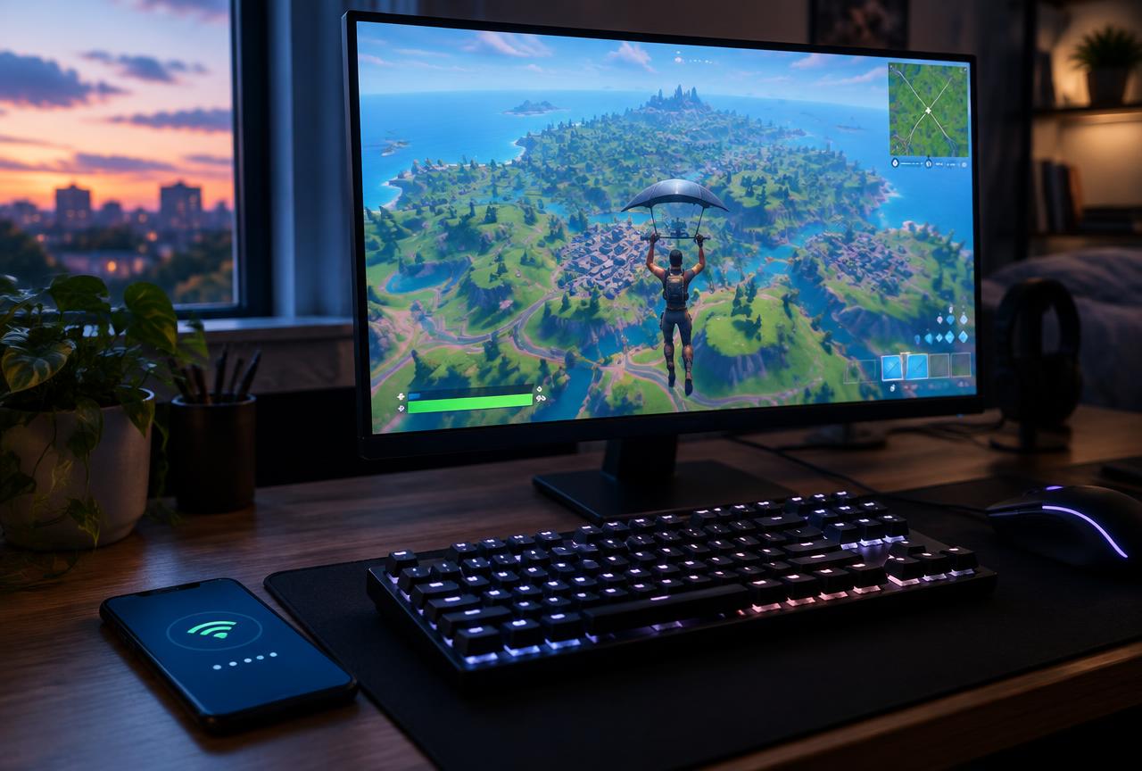 A VPN will not fix a bad connection, but the right one can stabilize ping and unlock other matchmaking regions. Gaming desk at dusk with a monitor showing a battle royale map, a backlit keyboard, and a phone with a connection status screen