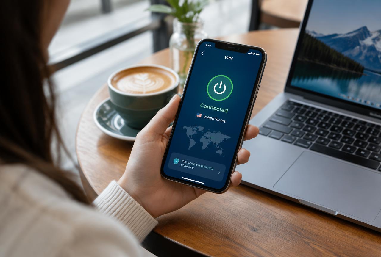 A good iPhone VPN stays connected in the background without draining the battery. Person holding an iPhone showing a connected VPN app next to a laptop and coffee