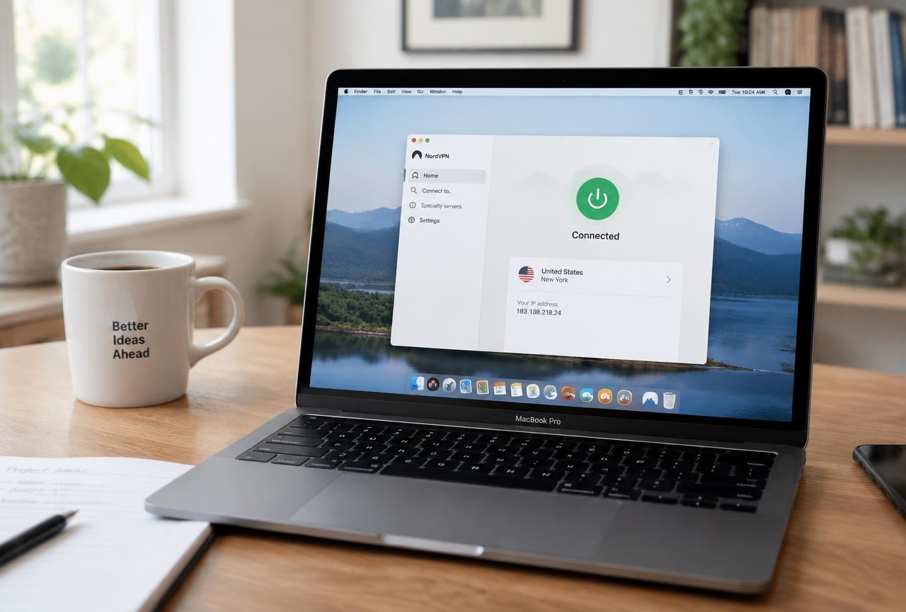 A good Mac VPN runs natively on Apple Silicon and stays out of your way. MacBook Pro on a wooden desk showing a connected VPN app in a bright home office