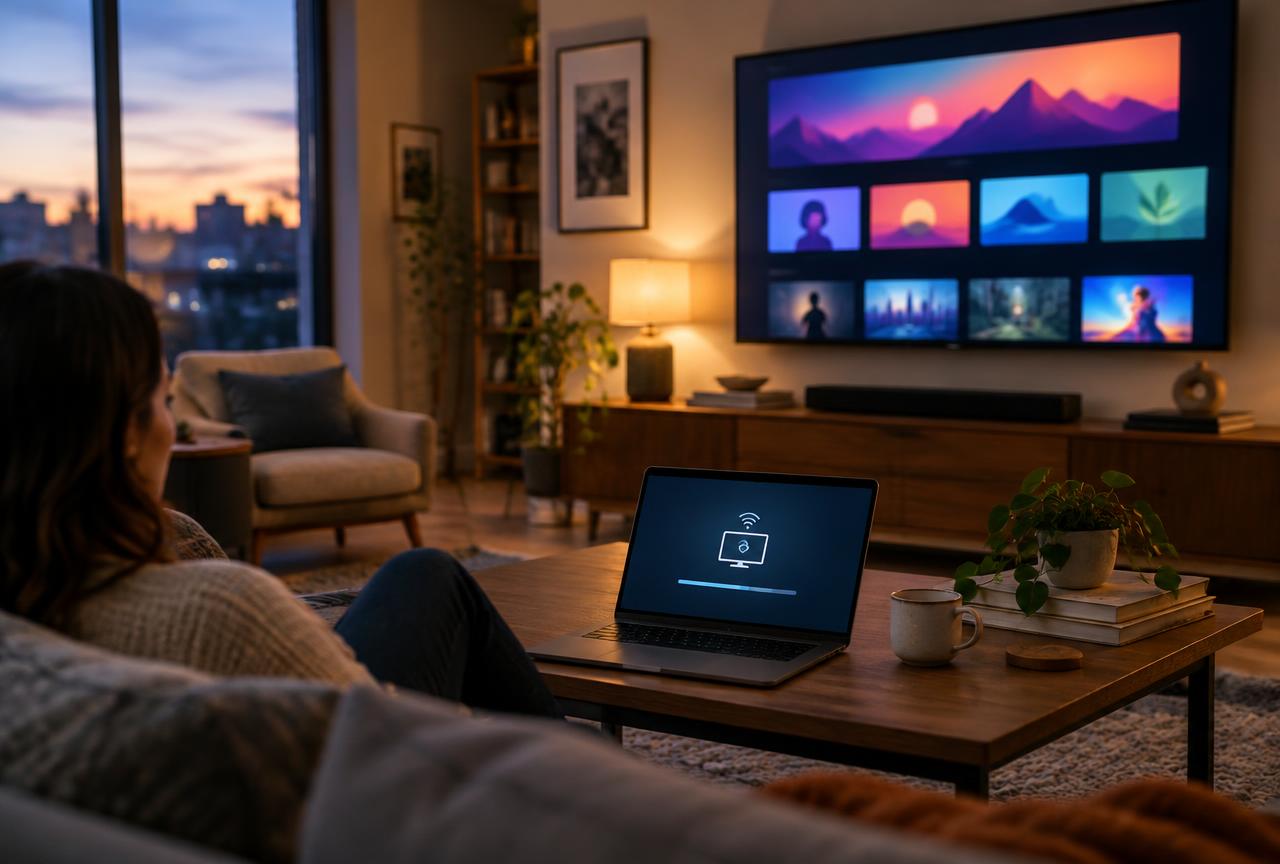 The right VPN keeps Netflix working in 4K without triggering the proxy error. Person on a sofa watching a streaming interface on a wall-mounted TV with a laptop on the coffee table