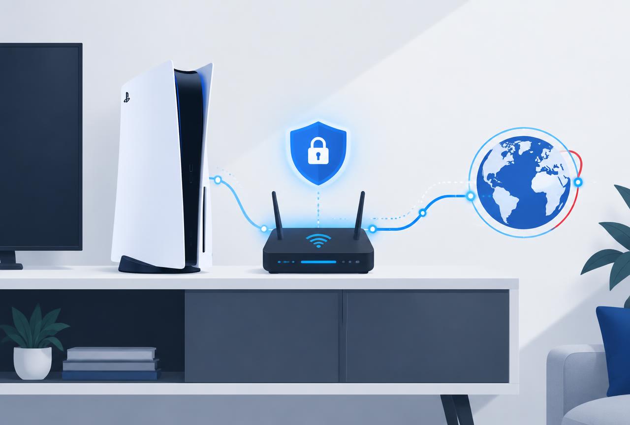 The PS5 cannot run a VPN app. Every method in this guide tunnels the connection at the router, through Smart DNS, or via a PC. PlayStation 5 next to a Wi-Fi router with a shield icon representing VPN protection for console gaming