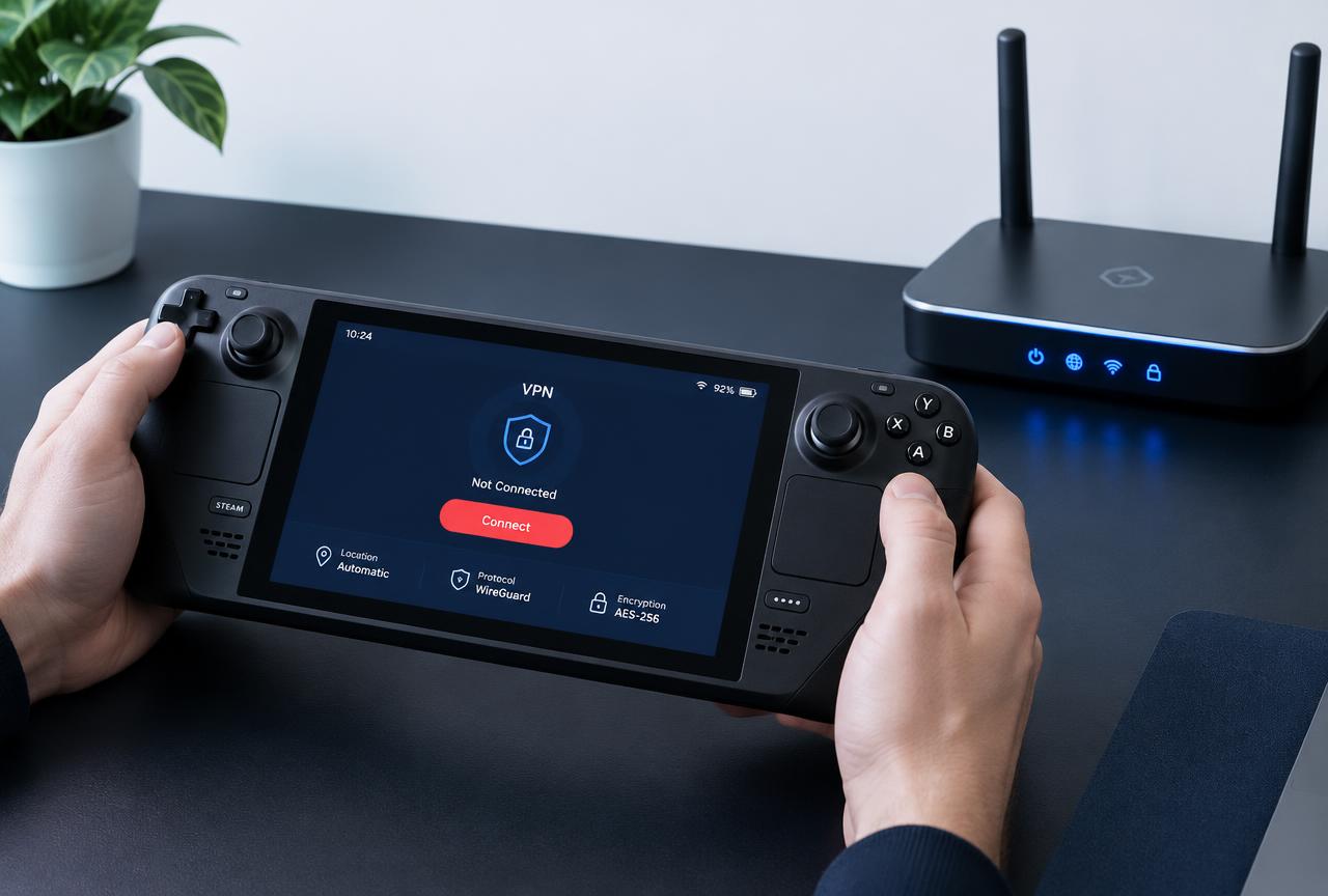 A Steam Deck handheld console showing a VPN connection screen next to a home router with an active VPN tunnel