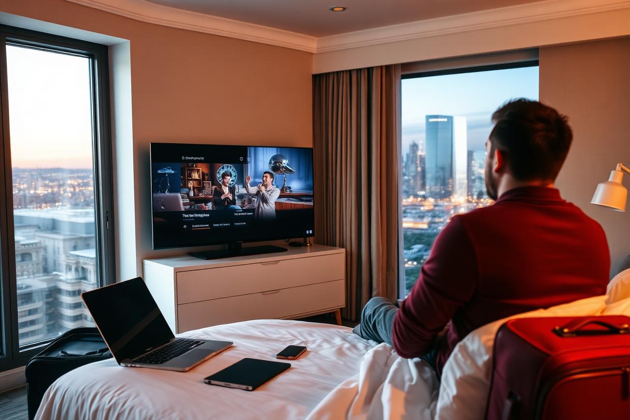 Traveler watching a streaming service on a hotel room smart TV with a laptop and phone nearby