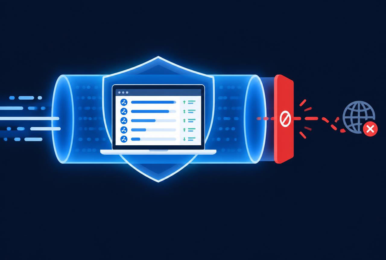 For torrenting, the kill switch matters more than raw speed: it is what stops your real IP leaking into the swarm when the tunnel drops Laptop running a torrent client behind an encrypted VPN tunnel with a kill switch blocking traffic on disconnect