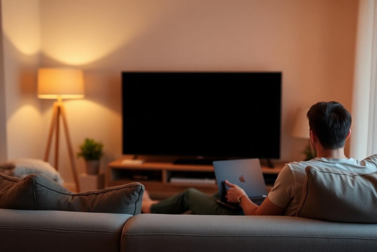CyberGhost review 2026: testing streaming, gaming and AI tools on a normal home connection Person on a sofa using a laptop in a living room while streaming in the evening