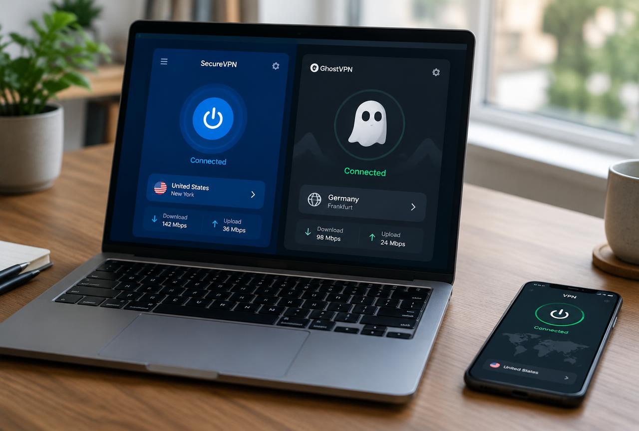Two VPN apps side by side on a laptop screen with a connected phone beside it, illustrating the CyberGhost vs NordVPN comparison