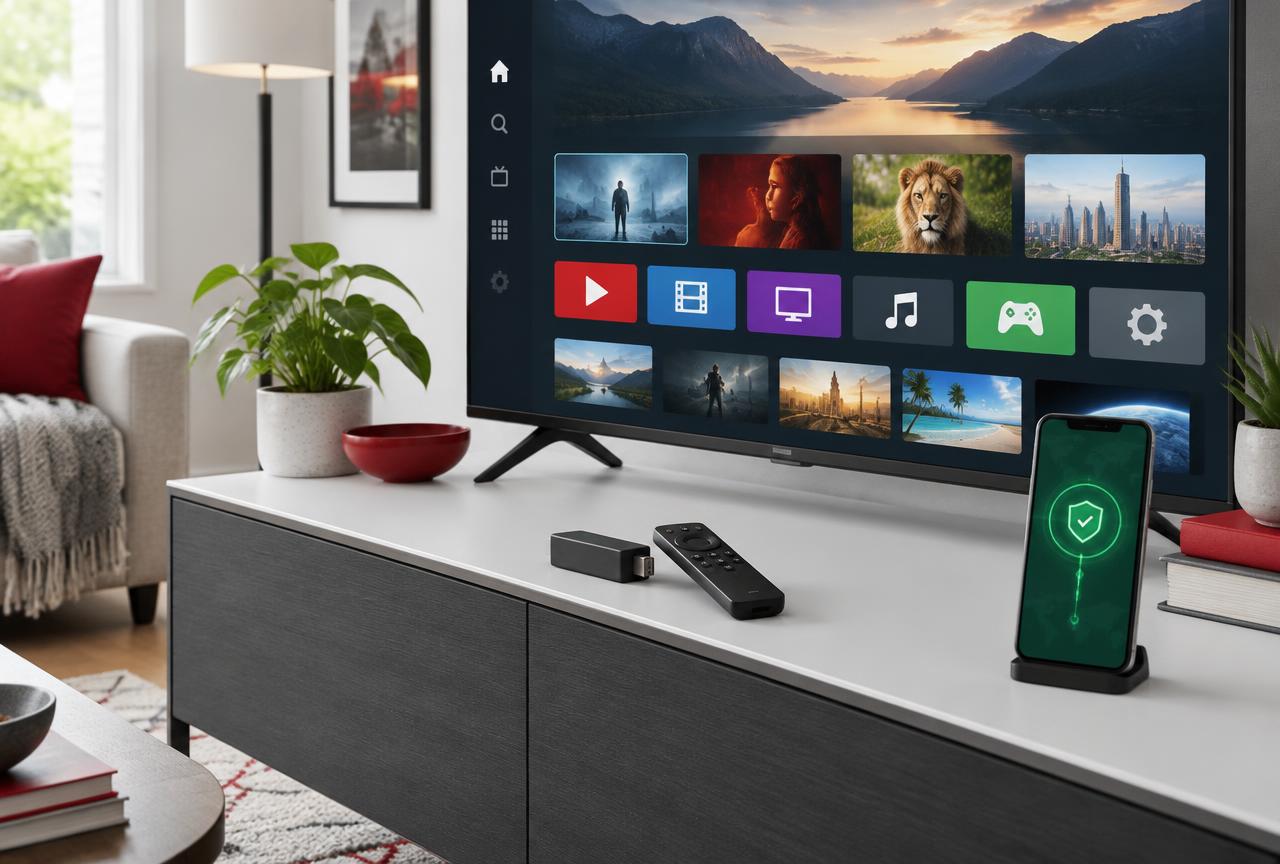 IPVanish runs directly on current Fire TV devices, so most setups do not need router changes or sideloading Amazon Fire TV Stick and remote beside a television, with a phone showing an active protected connection