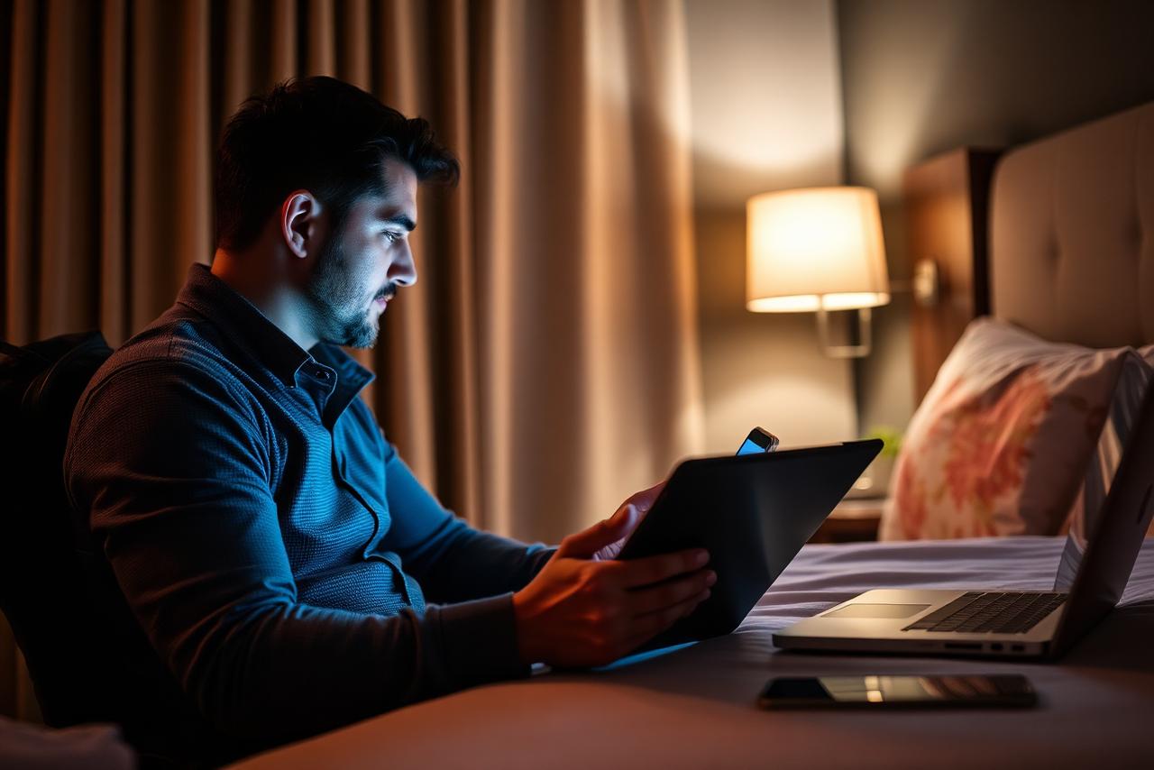 IPVanish review 2026: testing streaming, gaming and AI tools across phone, tablet and laptop Traveller in a hotel room watching a tablet at night with a laptop and phone nearby