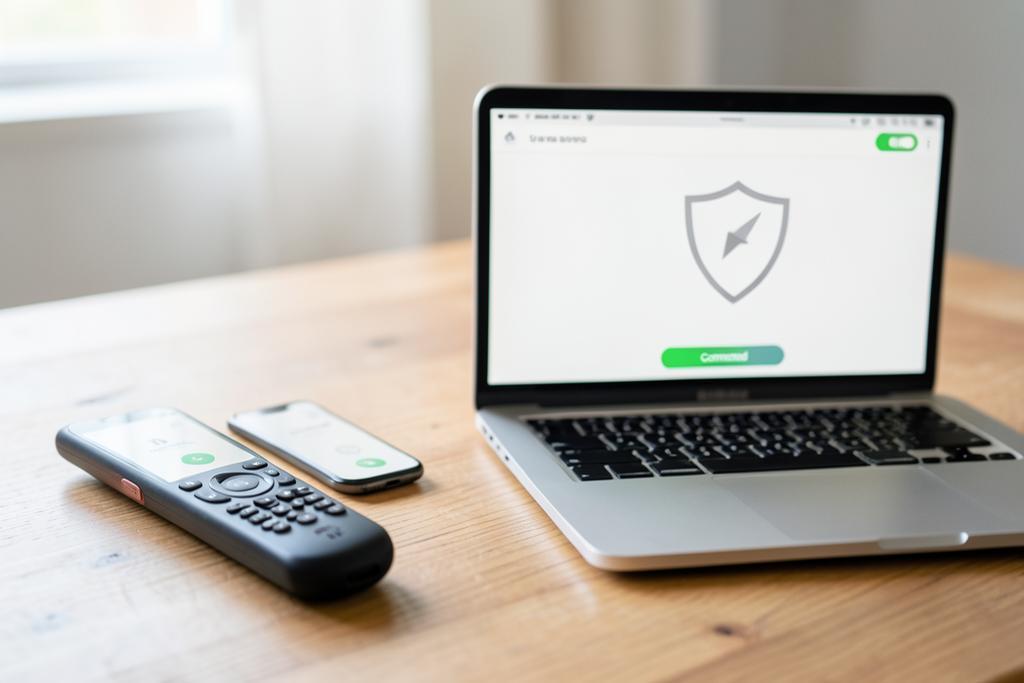 A Fire TV stick, smartphone and laptop on a desk each running the same VPN app, illustrating IPVanish's unlimited device policy