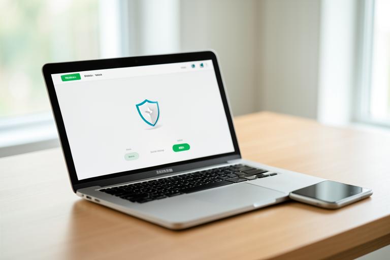 Laptop on a desk showing a VPN dashboard with a connected status next to a smartphone