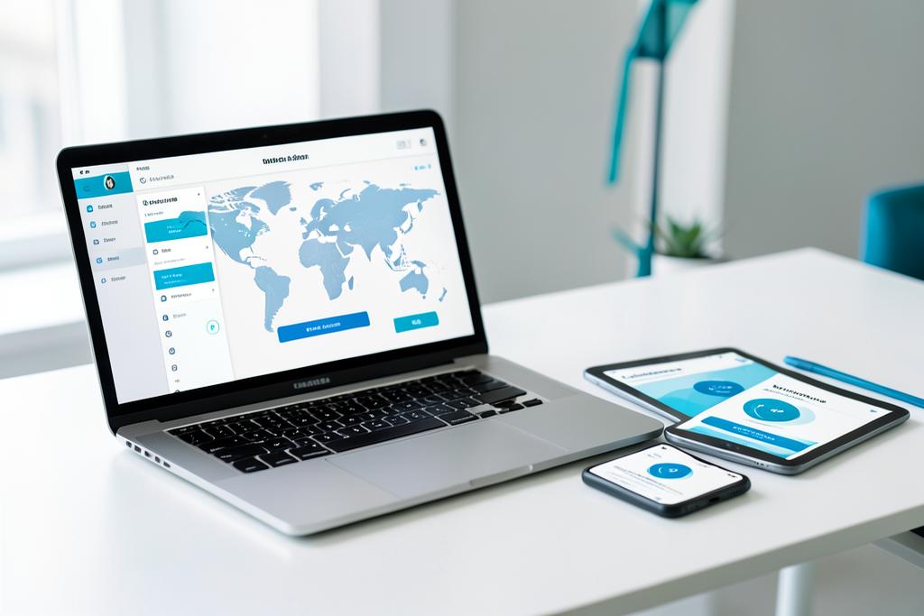 Laptop, smartphone and tablet on a desk all showing the same VPN app, illustrating Surfshark's unlimited device policy