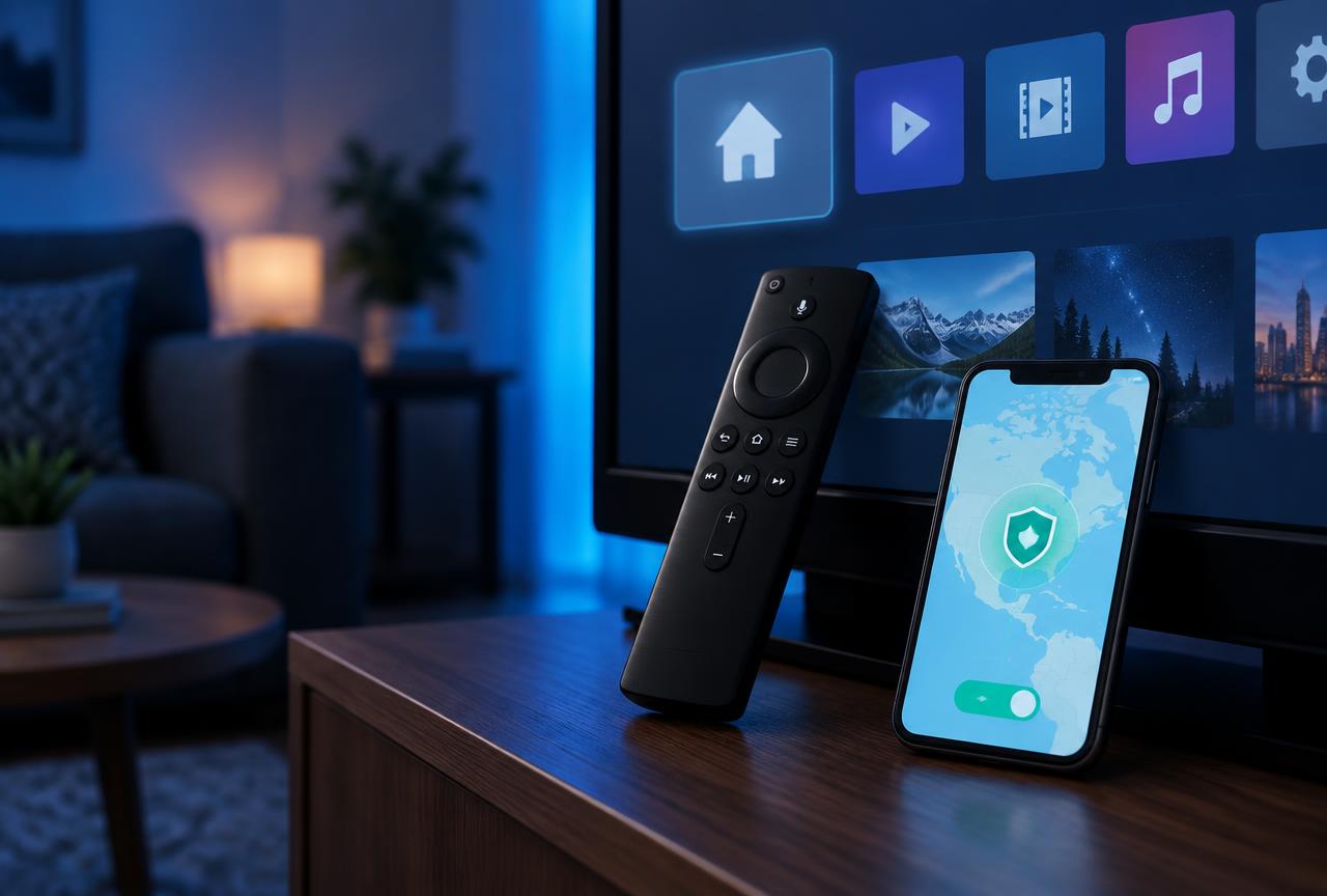 NordVPN has a native Fire TV app, so most setups need no sideloading or router changes Amazon Fire TV Stick remote beside a television, with a phone showing an active protected connection