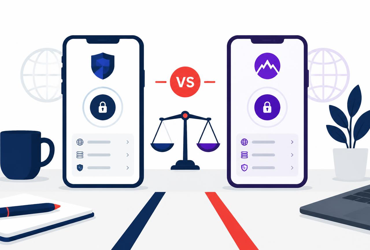 NordVPN and Proton VPN are the two most compared premium VPNs of 2026. The right choice depends on whether you prioritize speed and streaming or open-source transparency. NordVPN and Proton VPN apps side by side on two phones with a balance scale between them, illustrating the NordVPN vs Proton VPN comparison