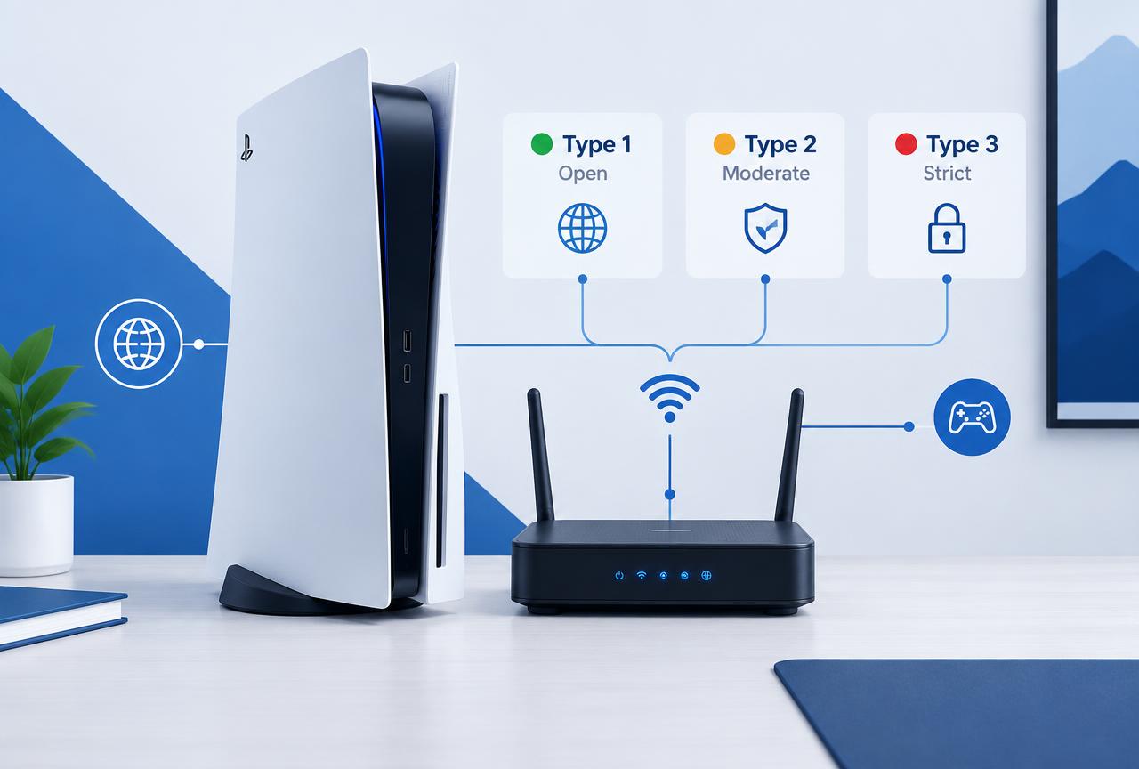NAT type is decided by your router, not the console. Every fix in this guide happens in the router admin panel. PlayStation 5 next to a router with a diagram showing NAT Type 1 Open, Type 2 Moderate, and Type 3 Strict
