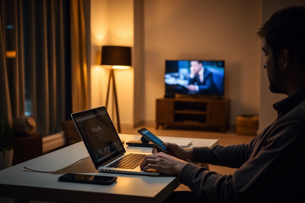 PureVPN review 2026: testing streaming, gaming and AI tools across laptop, phone and TV Person using a laptop and phone at a desk in the evening with a TV streaming in the background