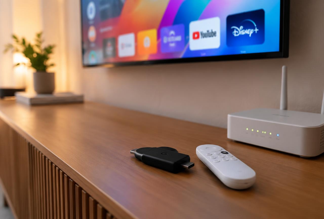 HDMI streaming dongle and remote on a TV stand next to a home wifi router
