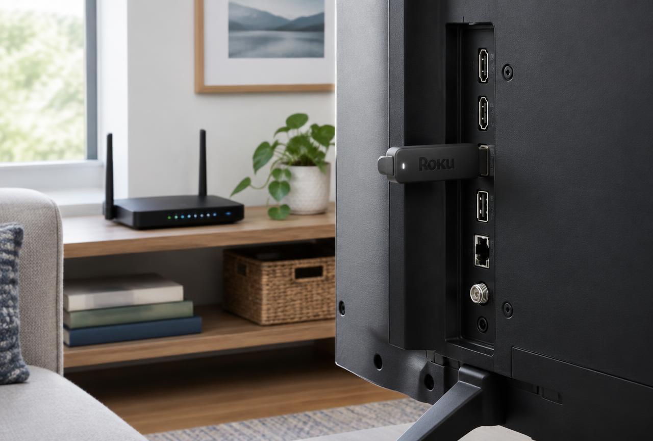 Roku devices inherit DNS from the router, so Smart DNS is configured there, not on the stick. Roku streaming stick connected to a TV with a home router on a shelf