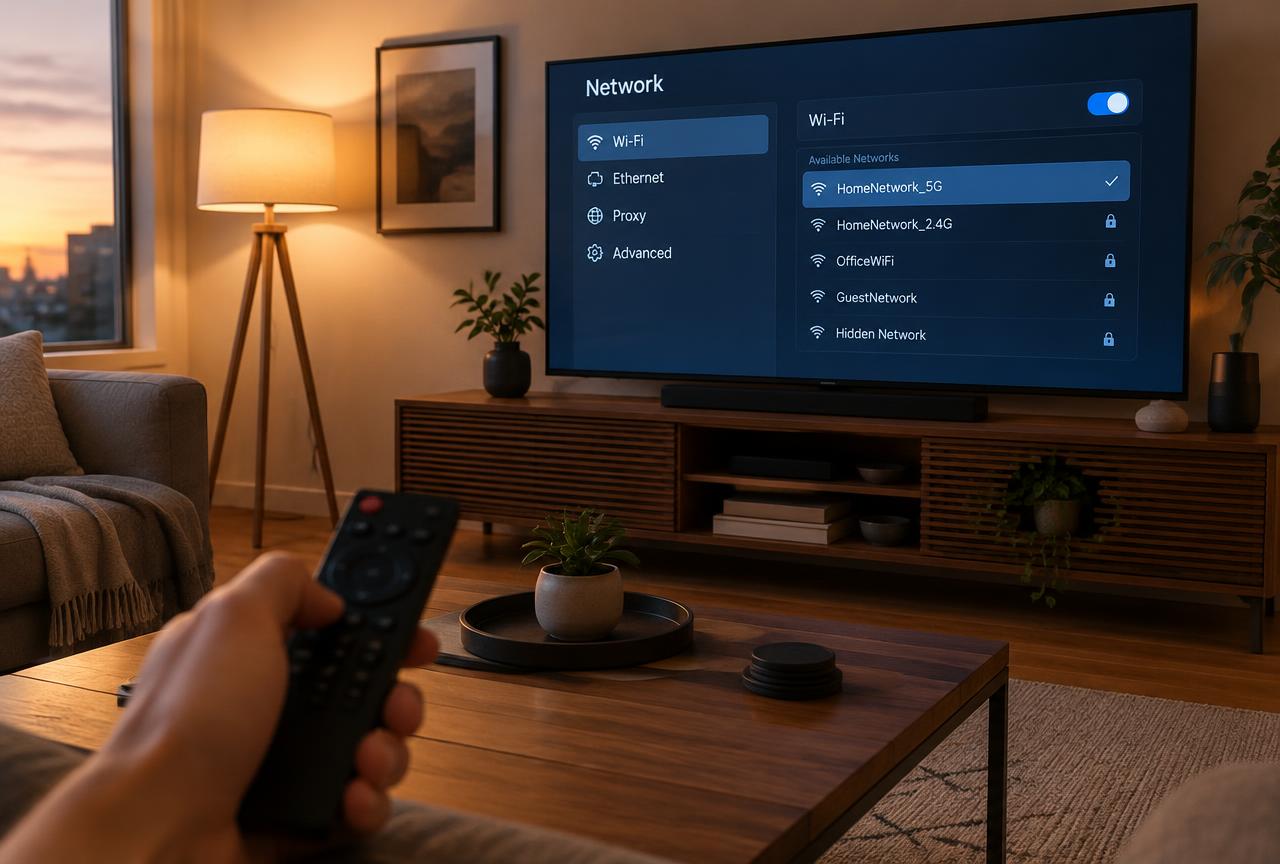 Both Samsung Tizen and LG webOS let you enter DNS manually — the field is just buried in different menus. Living room smart TV showing a network settings menu with a remote control in the foreground
