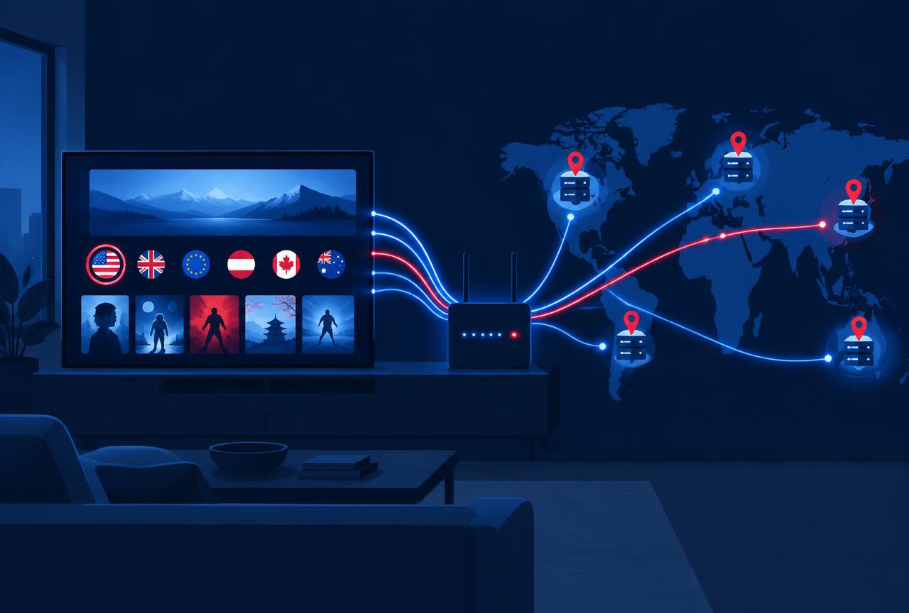 Smart DNS reroutes only the geo-sensitive DNS lookups for streaming apps; every other request stays on your normal connection Smart TV in a living room with DNS routing lines flowing through a router to streaming servers in different regions