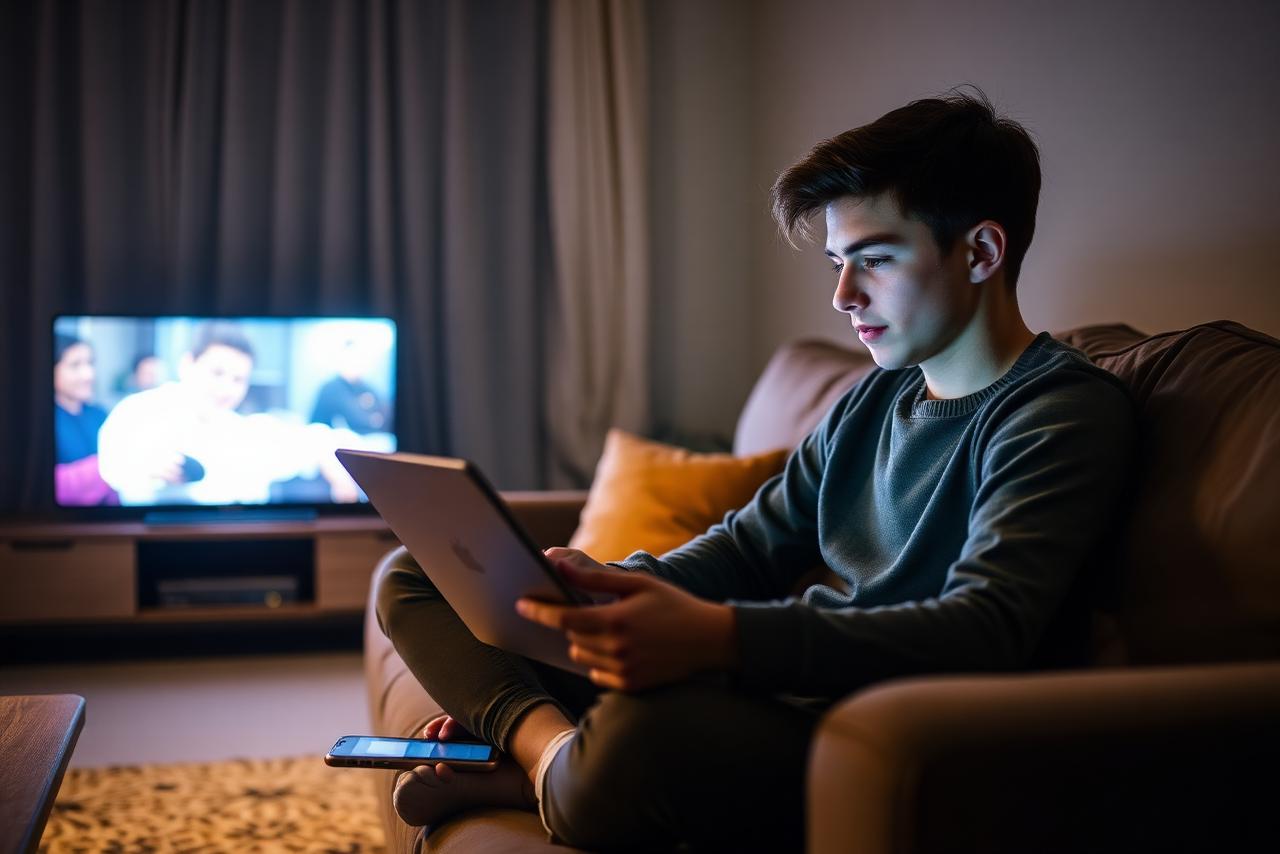 Person at home in the evening using a laptop, tablet and phone with a TV streaming in the background