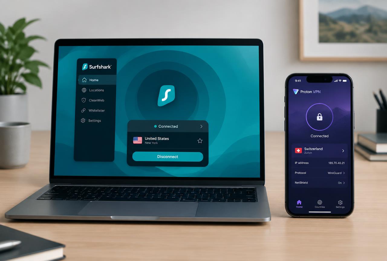 Surfshark and Proton VPN appeal to the same privacy-conscious buyer, but they win on different criteria: price and device coverage versus open-source transparency. Surfshark and Proton VPN apps side by side on a laptop and phone, illustrating the Surfshark vs Proton VPN comparison