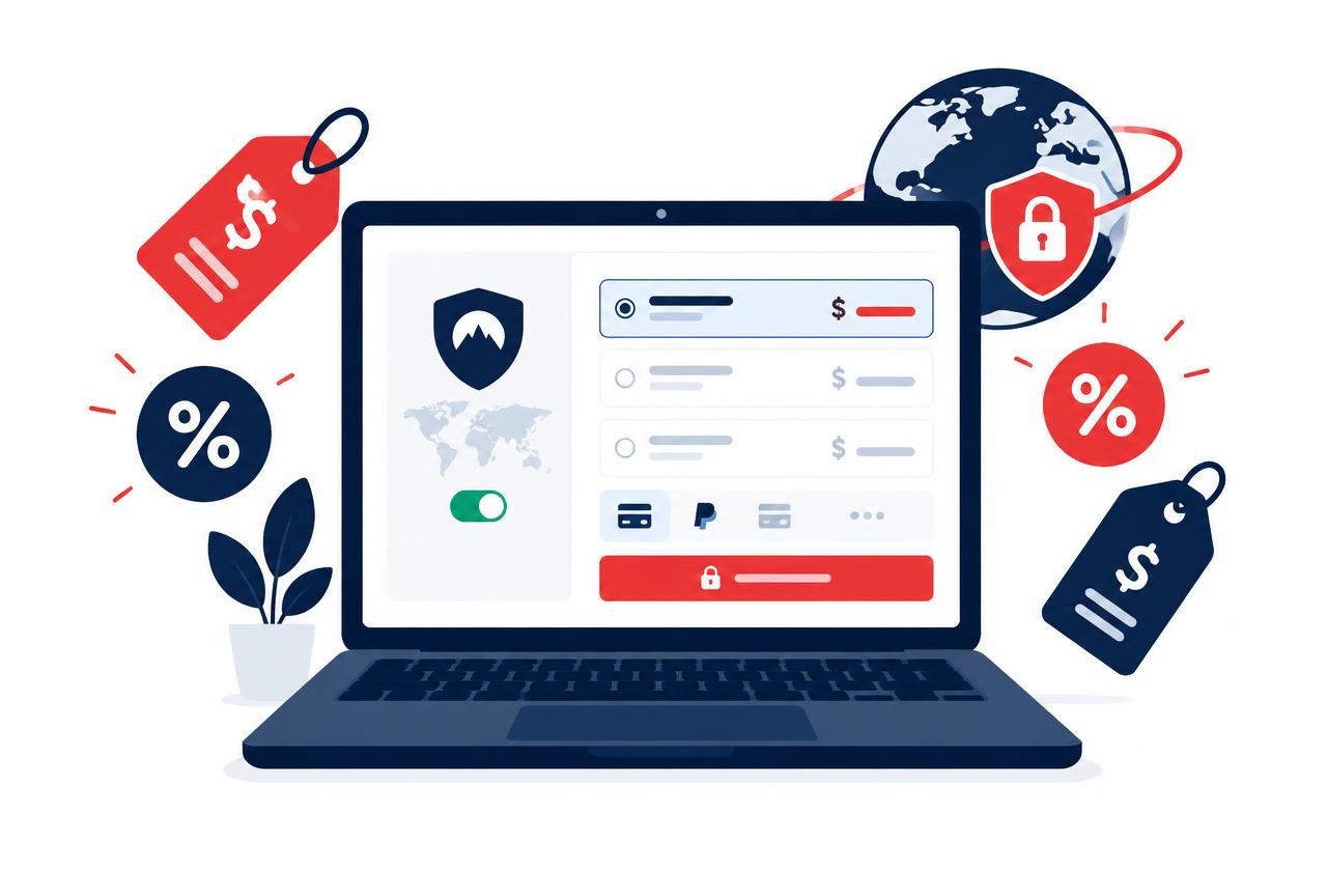 The advertised VPN deal is rarely the price you pay long term. Intro discounts expire; renewal rates are the real number. Laptop showing a VPN subscription checkout with discount price tags, illustrating VPN deals and price comparison in 2026
