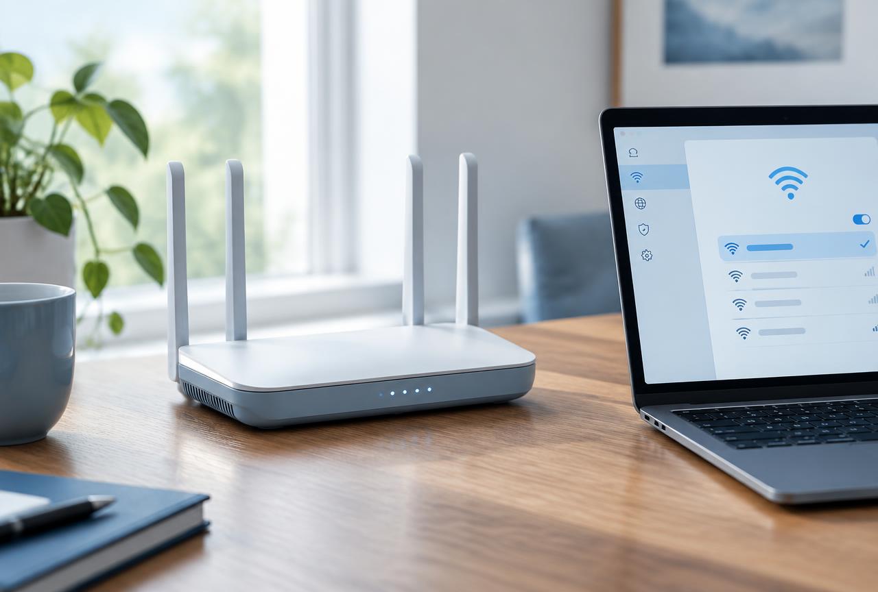 Many modern routers include a built-in VPN client, so custom firmware is often unnecessary A home Wi-Fi router on a desk next to a laptop showing network settings, ready for VPN configuration