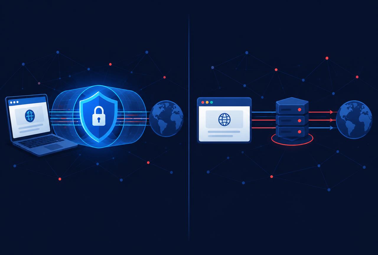 A VPN encrypts all device traffic inside a tunnel; a proxy only relays the app or browser you point at it Split illustration comparing a VPN tunnel protecting a laptop with a browser routing traffic through a proxy server
