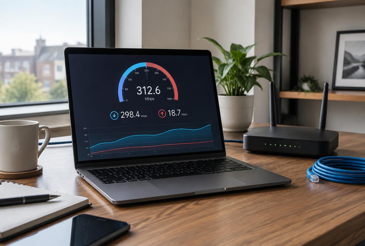 A useful protocol test keeps the server, device, network, and test endpoint constant so only the VPN protocol changes Laptop displaying a network speed test beside a home Wi-Fi router and Ethernet cable